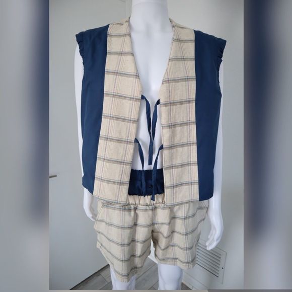 Handmade Mens Swimsuits Bathing Suit Swim Trunk Plaid with Matching Vest L - Picture 6 of 13